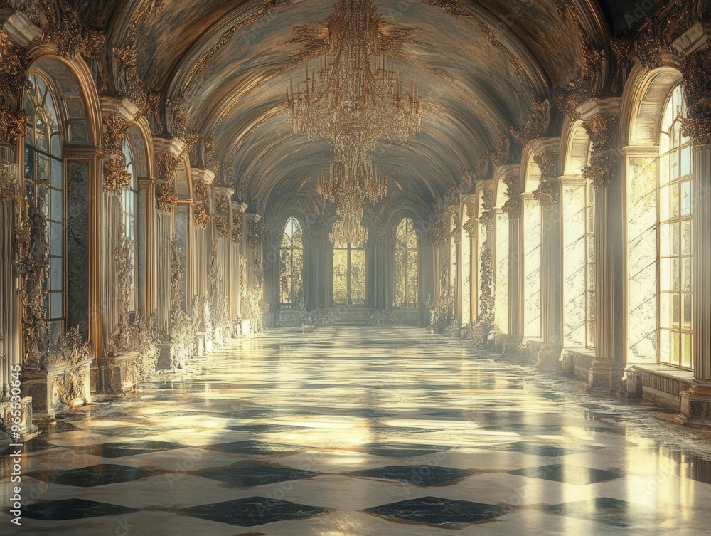 Obraz premium Majestic sunlight streaming through the grand hall of an opulent palace in early morning