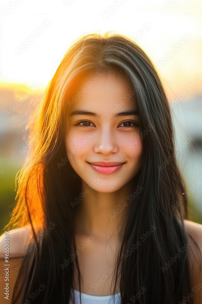 Radiant young woman smiles warmly as the sun sets behind her in a vibrant urban setting Radiant young woman smiles warmly as the sun sets behind her in a vibrant urban setting