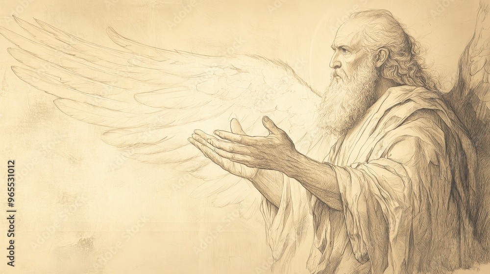 Fototapeta premium Bible Wall Art: Angelic Presence with Moses in Deuteronomy - God’s Approval - Biblical Illustration with Beige Background