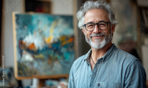 Portrait Mature man Artist painting artwork at workspace, Generative AI