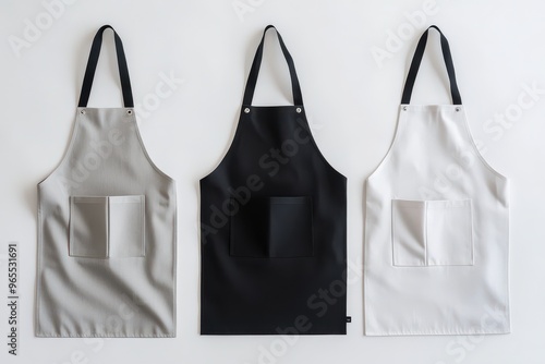 Stylish aprons in gray, black, and white. Ideal for kitchens, art studios, and crafting. Perfect for chefs and DIY enthusiasts. photo