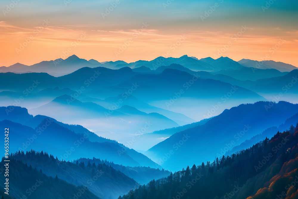 Obraz premium 朝霧に包まれた山岳風景：静寂と美の共演