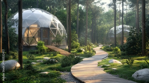 Wallpaper Mural A wooden path leads through a lush forest to two geodesic domes. Torontodigital.ca