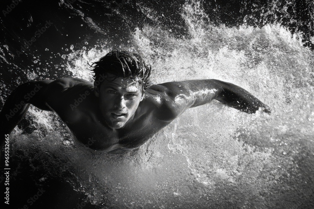 Fototapeta premium A muscular man surfs a massive wave, showcasing strength and balance