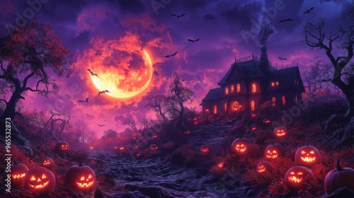 Spooky haunted house under a glowing full moon, surrounded by jack-o'-lanterns and flying bats in a vibrant purple and orange Halloween night