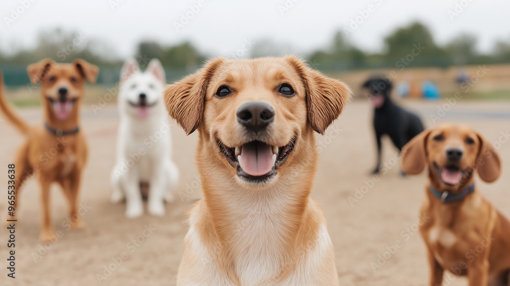 Happy Dog Pack: A group of adorable dogs, including a golden retriever, enjoys a sunny day with their furry friends,  each with their own unique personality and charm.