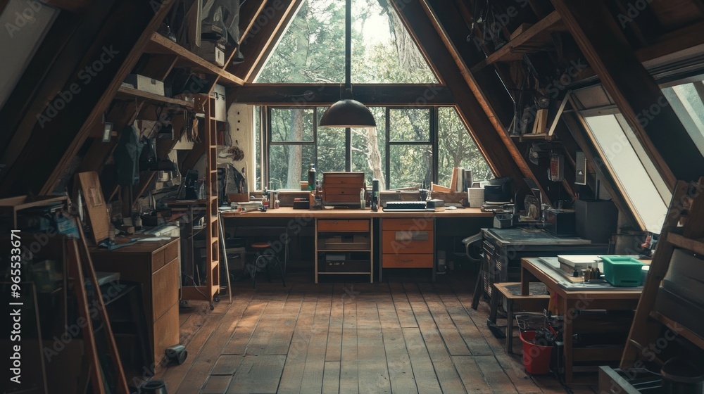 A wooden work space in a cabin. A wooden work space in a cabin.