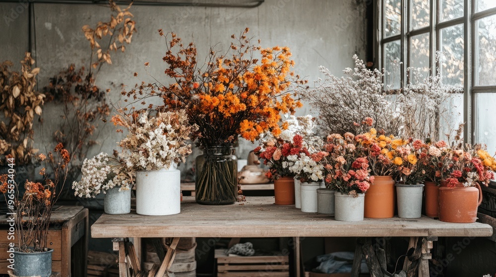 Dried flowers in various pots and vases on wooden table with rustic background. Dried flowers in various pots and vases on wooden table with rustic background.