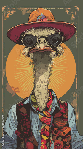 Hand-Drawn 2024 Calendar Poster Featuring a Stylish Hipster Ostrich in Casual Attire photo