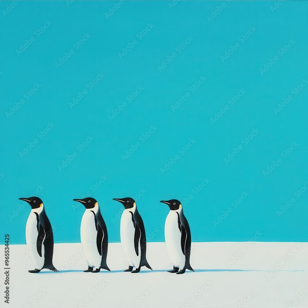 Obraz premium Penguins marching across an icy tundra towards the ocean, animal migration, survival in extreme conditions