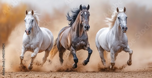 Three Horses Running Through Dust