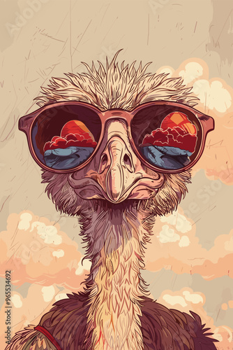 Hand-Drawn 2024 Calendar Poster Featuring Funny Hipster Ostrich, Printable Grid Template with Monday First photo