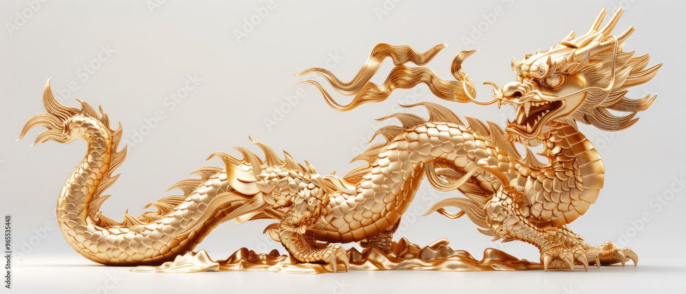 Fototapeta premium 3D Dragon Statue Crafted from Gold Metal Isolated on White Background