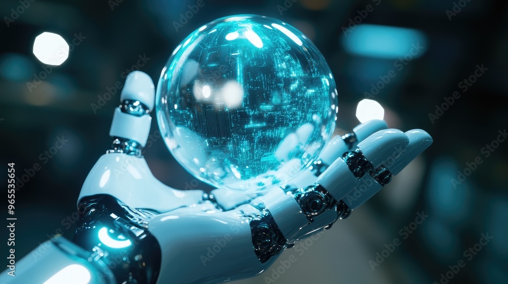 A robotic hand holding a transparent AI digital sphere, illuminated with blue and white light, representing cutting-edge artificial intelligence A robotic hand holding a transparent AI digital sphere, illuminated with blue and white light, representing cutting-edge artificial intelligence