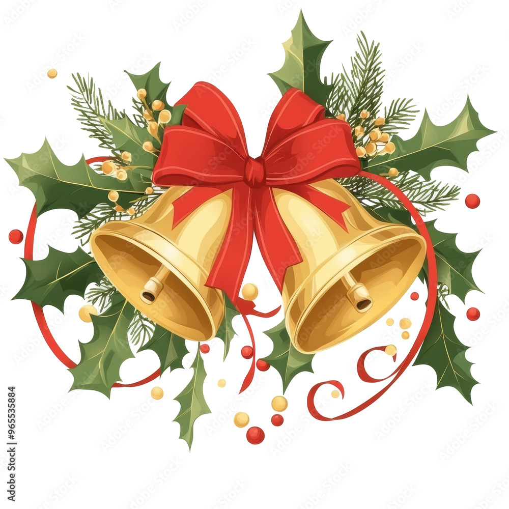 Two golden bells adorned with holly leaves, red berries, and red bows ...
