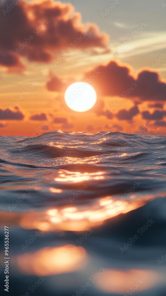 Sunset over ocean waves with bright sky, calming seascape. Nature relaxation and tranquility concept Sunset over ocean waves with bright sky, calming seascape. Nature relaxation and tranquility concept