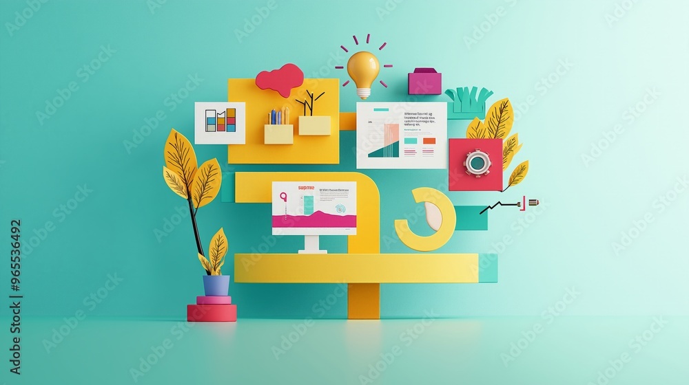 Vibrant illustration of digital marketing tools and creative elements, featuring unique shapes and colors on a modern backdrop. Vibrant illustration of digital marketing tools and creative elements, featuring unique shapes and colors on a modern backdrop.