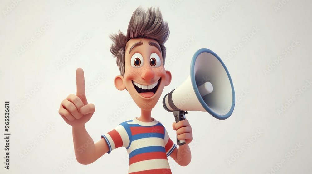 Naklejka premium A cartoon man with brown hair, wearing a red, white, and blue striped shirt, is holding a megaphone and pointing with his left index finger towards the left. He is smiling and looking at the camera.