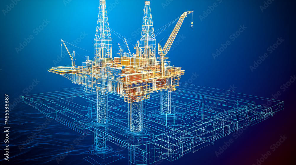 Oil Rig Wireframe A wire-frame style vector rendering in 3D portrays the concept of an ...