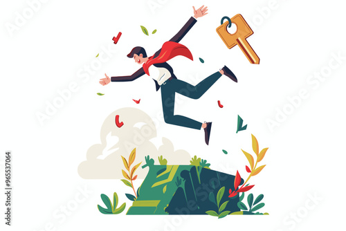 Happy Man Jumping with Giant Key, Breaking Free from Debt and Loan Burden