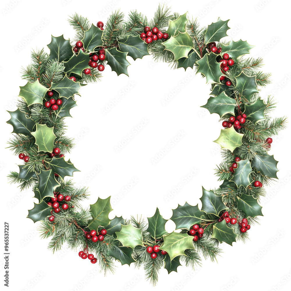 Christmas wreath made of holly and pine branches with red berries, perfect for festive door decor. Isolated on white background.
Christmas wreath made of holly and pine branches with red berries, perfect for festive door decor. Isolated on white background.