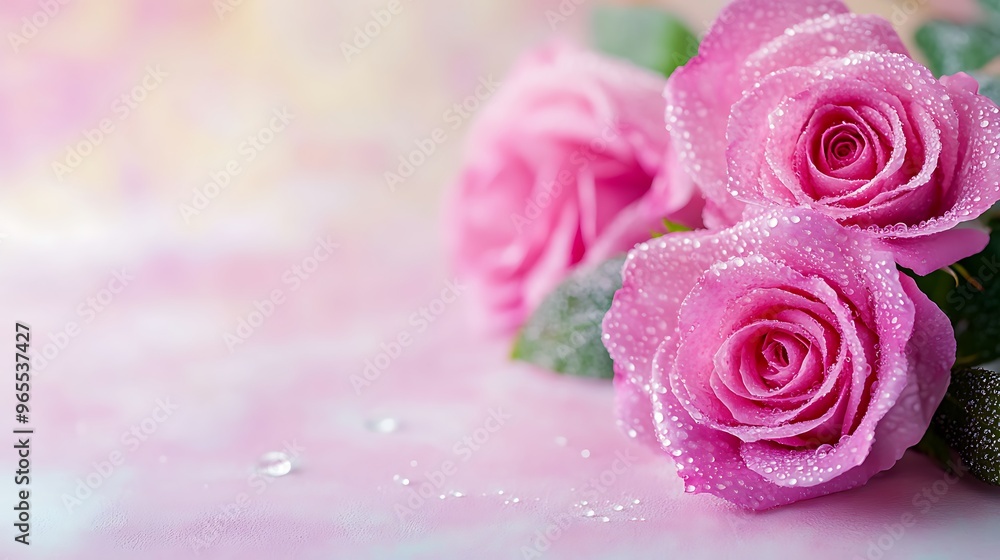Elegant pink rose border with gentle dewdrops on one side, placed on a pastel surface with ample copy space for branding or messaging. Elegant pink rose border with gentle dewdrops on one side, placed on a pastel surface with ample copy space for branding or messaging.