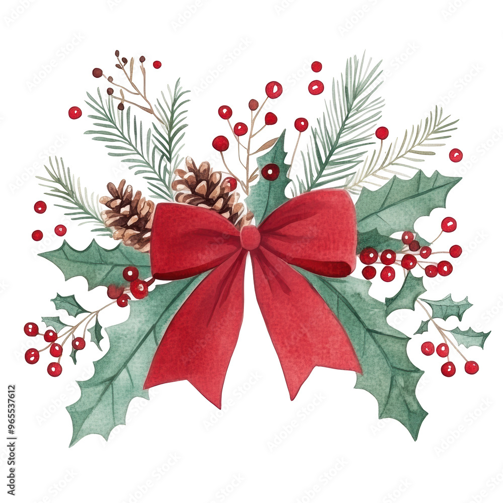 Christmas bouquet featuring holly leaves, pine branches, red berries, and pinecones, tied with a large red ribbon. Isolated on white background.
Christmas bouquet featuring holly leaves, pine branches, red berries, and pinecones, tied with a large red ribbon. Isolated on white background.