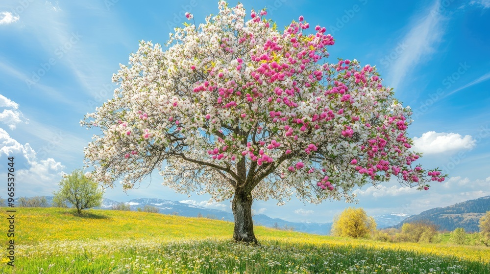Fototapeta premium A tree in full bloom during springtime, with pink and white flowers, surrounded by a vibrant green meadow and a bright blue sky