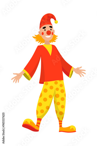 Circus clown. Kids holiday character. Entertainment artist. Jester performer, shapito circus show entertainers in funny costume, wig, makeup and red nose. Performers artist in classic outfit