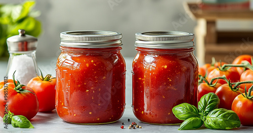 A jar of tomato sauce. Advertisement. photo