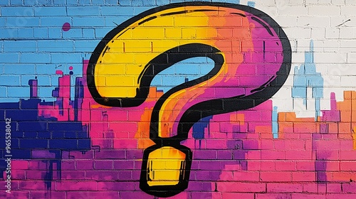 Vibrant street art featuring a large question mark in yellow and pink tones on a colorful wall.