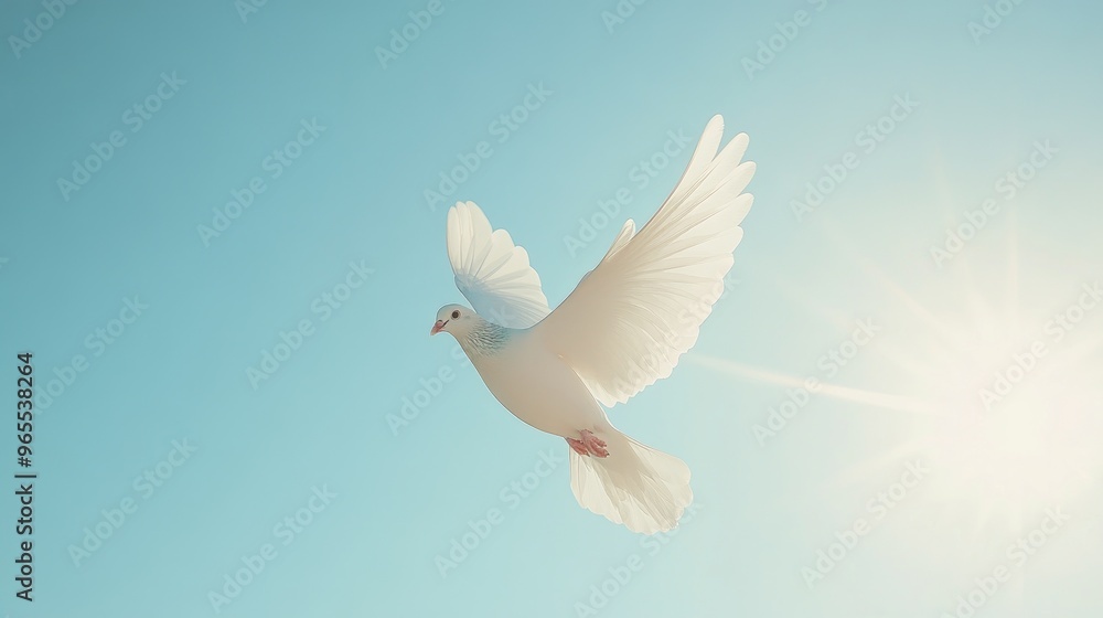 Fototapeta premium A white dove flying across a clear sky, symbolizing peace, hope, and freedom