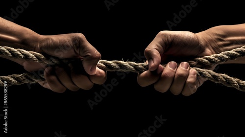 Two hands pulling on a rope against a black background, representing struggle and feud. photo