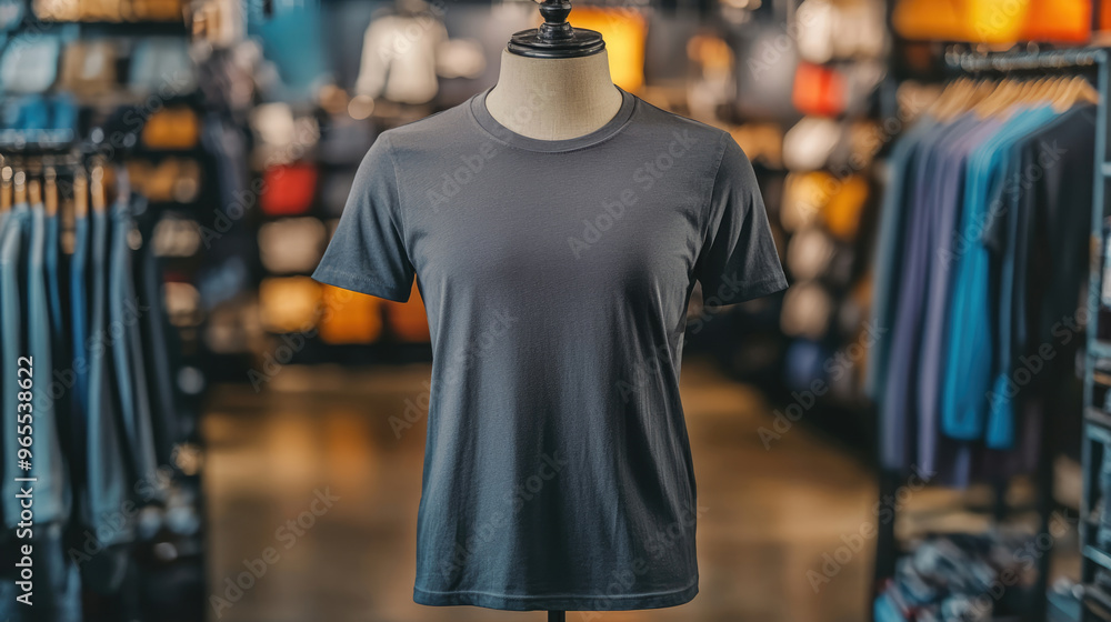 Stylish Gray T-Shirt is Displayed on a Mannequin in a Contemporary Retail Setting Stylish Gray T-Shirt is Displayed on a Mannequin in a Contemporary Retail Setting