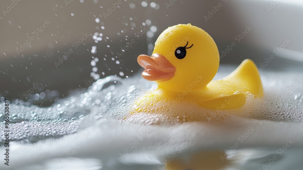 A yellow rubber duck floating in a bath, representing playfulness, nostalgia, and childhood A yellow rubber duck floating in a bath, representing playfulness, nostalgia, and childhood