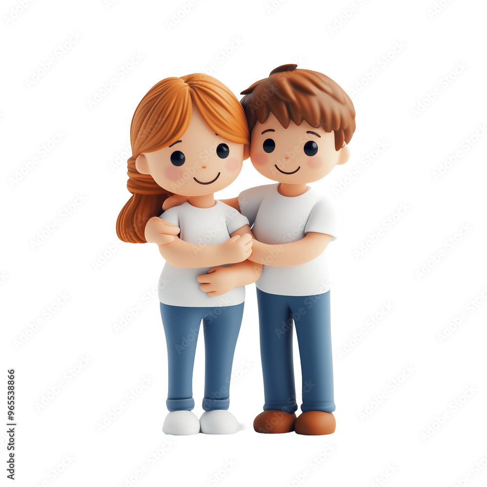 A 3D plasticine couple embracing, both wearing t-shirts and jeans, depicted in a playful, cartoon style.PNG A 3D plasticine couple embracing, both wearing t-shirts and jeans, depicted in a playful, cartoon style.PNG