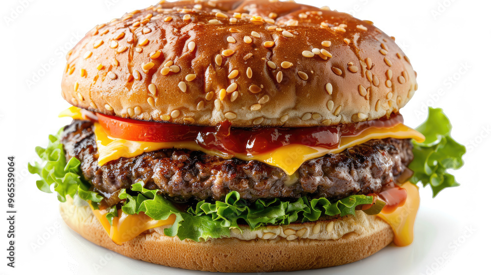 side view of big cheeseburger close-up with thick meat, cheese, sauce and lettuce isolated on white background side view of big cheeseburger close-up with thick meat, cheese, sauce and lettuce isolated on white background