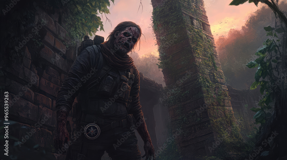 A decayed zombie explorer with half its face missing, holding a broken compass, standing in the ruins of an ancient temple, thick vines creeping around the stone. A decayed zombie explorer with half its face missing, holding a broken compass, standing in the ruins of an ancient temple, thick vines creeping around the stone.