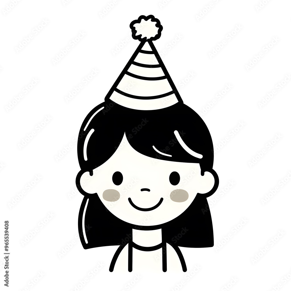 Fototapeta premium Girl in festive birthday hat on head line black icon isolated on white background. Party icon