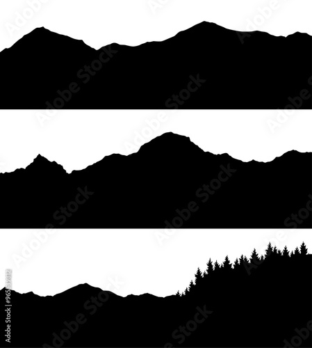 Set of mountains silhouettes landscape background. Rocky panorama with mountains skyline and pine tree forest. Scenery with slopes, vector cartoon illustration