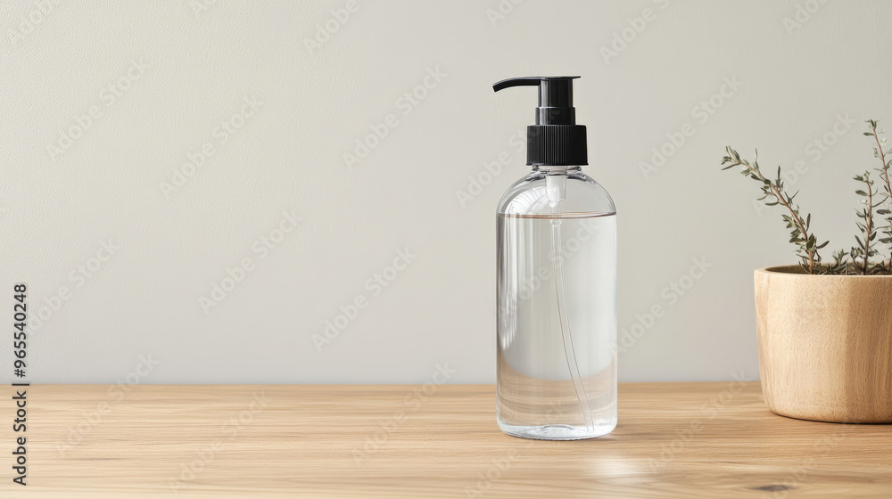 A minimalist water bottle on grey background and beautifully arranged greenery A minimalist water bottle on grey background and beautifully arranged greenery