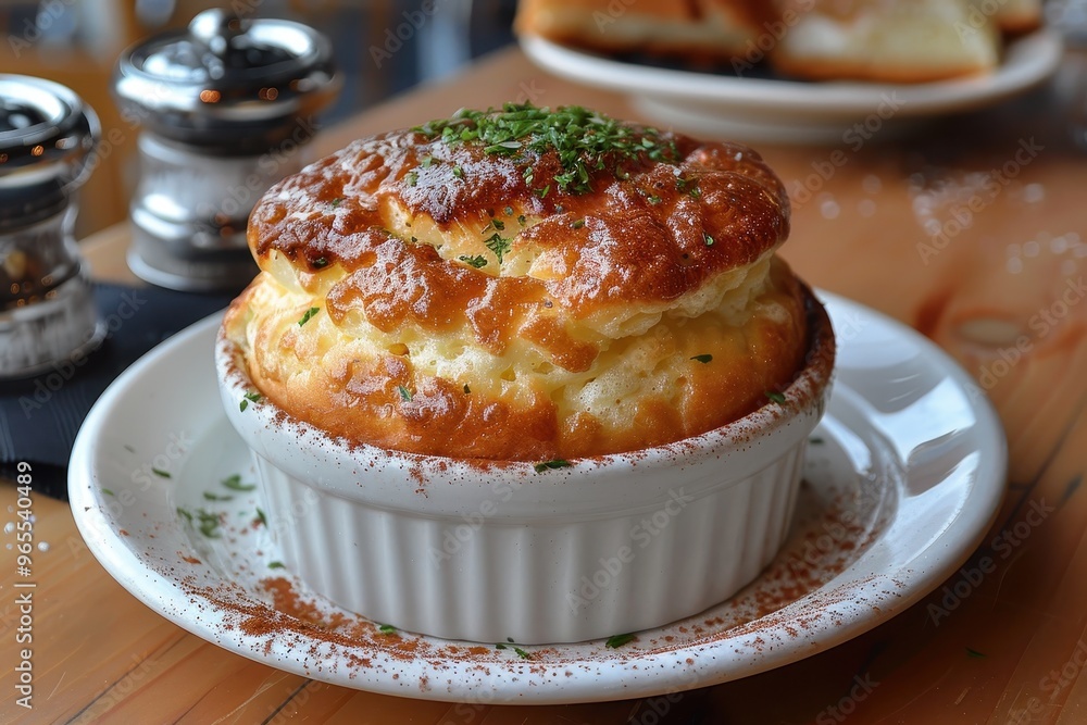 Souffle A perfectly risen cheese souffle with a golden, fluffy top. Served in a white ramekin on a matching plate Souffle A perfectly risen cheese souffle with a golden, fluffy top. Served in a white ramekin on a matching plate