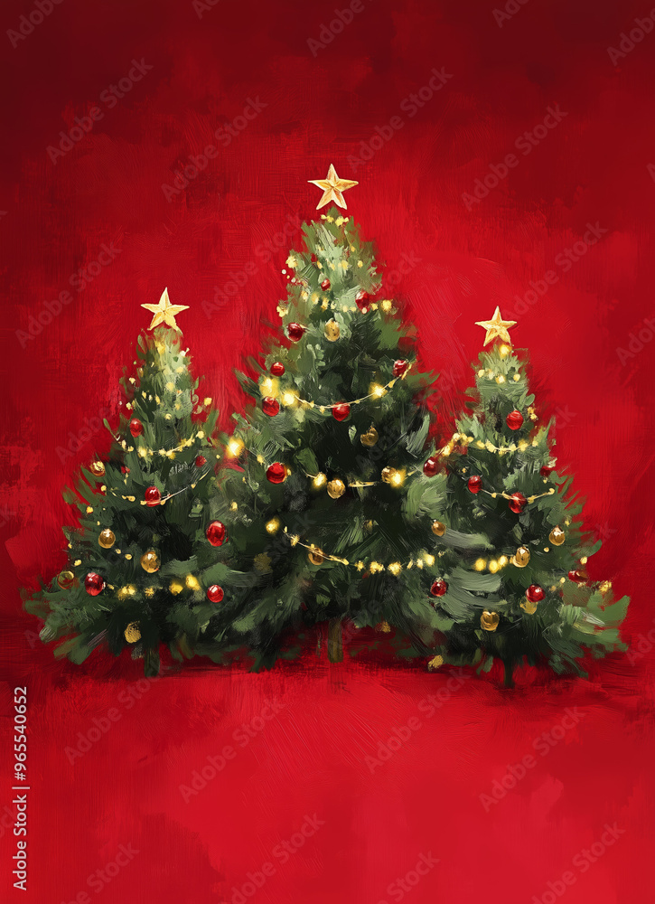 Three Christmas Trees with Festive Decorations Three Christmas Trees with Festive Decorations