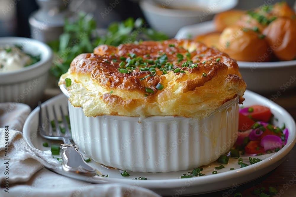 Souffle A perfectly risen cheese souffle with a golden, fluffy top. Served in a white ramekin on a matching plate Souffle A perfectly risen cheese souffle with a golden, fluffy top. Served in a white ramekin on a matching plate