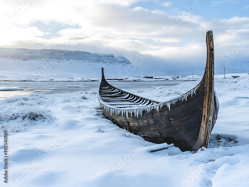 Solitary Viking Ship in Serene Winter Landscape: Frost-Covered Curved Prow, Intricate Woodwork, and Pristine Snow Blanket Showcase Historical Significance and Craftsmanship Amidst Harsh Winter