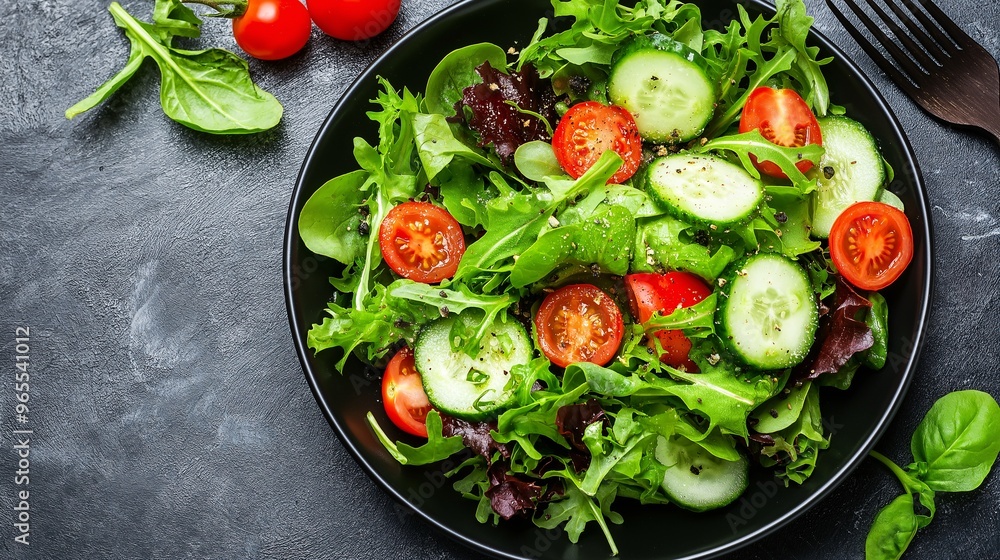 Fresh and Vibrant Salad: A close-up shot of a colorful salad with fresh greens, cherry tomatoes, and cucumbers, presented on a black plate with a fork, ready to be enjoyed. Fresh and Vibrant Salad: A close-up shot of a colorful salad with fresh greens, cherry tomatoes, and cucumbers, presented on a black plate with a fork, ready to be enjoyed.