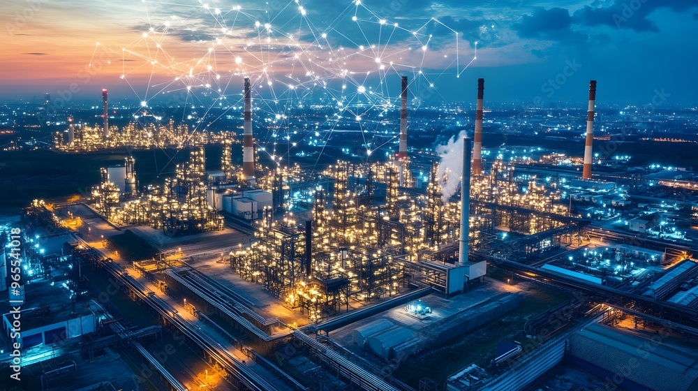 Fototapeta premium A large industrial plant with many tall buildings and a network of lines connecting them. Concept of complexity and interconnectedness, as if the entire plant is a part of a larger system