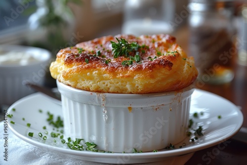 Souffle A perfectly risen cheese souffle with a golden, fluffy top. Served in a white ramekin on a matching plate