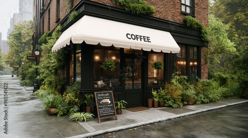 Charming Coffee Shop on a Rainy Day:  A quaint coffee shop with a black awning and lush greenery welcomes customers on a rainy day, creating a cozy and inviting atmosphere.  