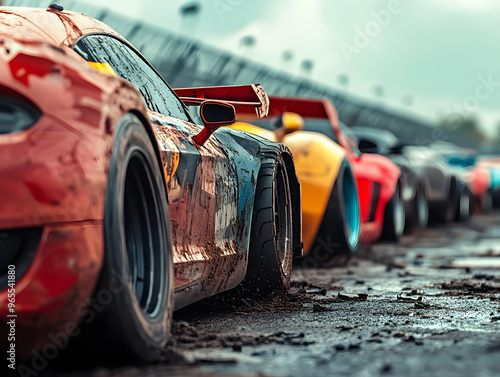 Vibrant Race Cars in Muddy Environment: Close-Up of Red Sports Car with Racing Decals and Muddy Tires Amidst Blurred Colorful Lineup of Yellow and Orange Vehicles on Wet Racetrack